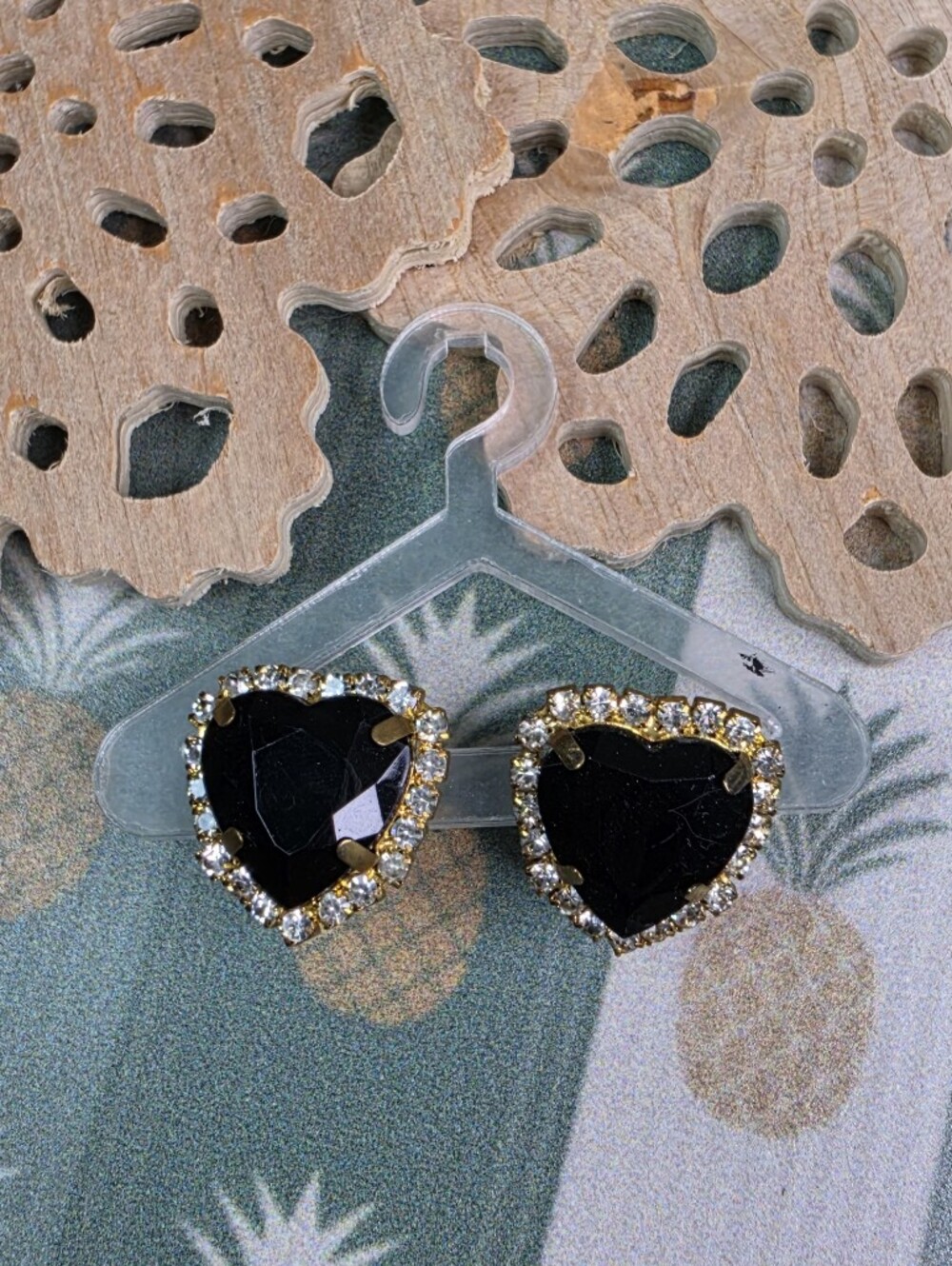 Feed Me GemsHeart-Shaped Black Crystal Stud Earrings with Gold and Clear Accents